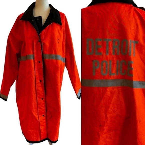 Vintage 1990s Detroit Police Uniform Neon Reflective Rain Coat - Picture 1 of 7